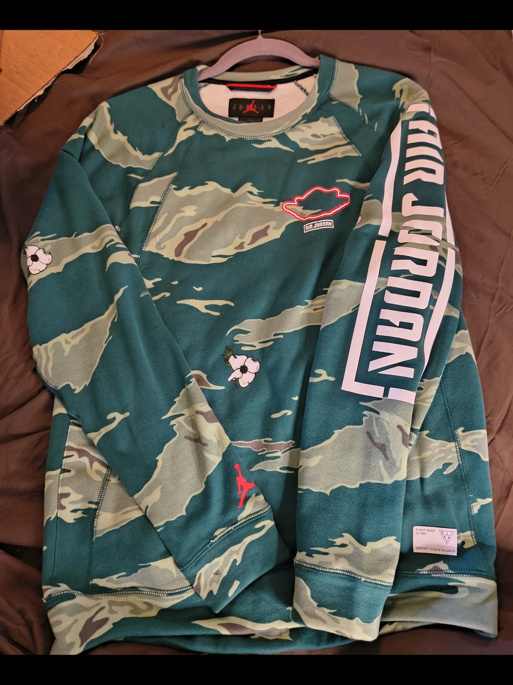 Jordan Teal Camo Pullover Sweatshirt with White Sleeve Logo